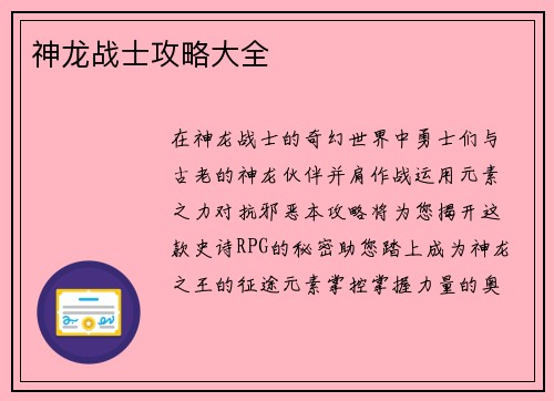 神龙战士攻略大全